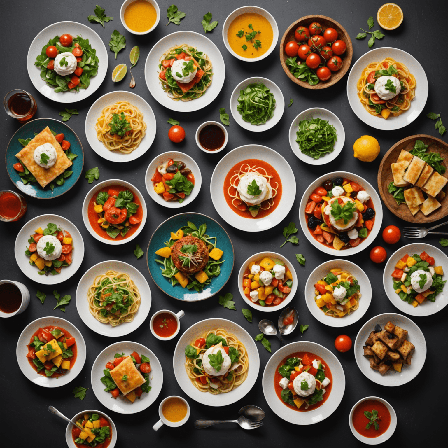 Various colorful and trendy food dishes arranged on a table, showcasing new culinary styles and presentation techniques