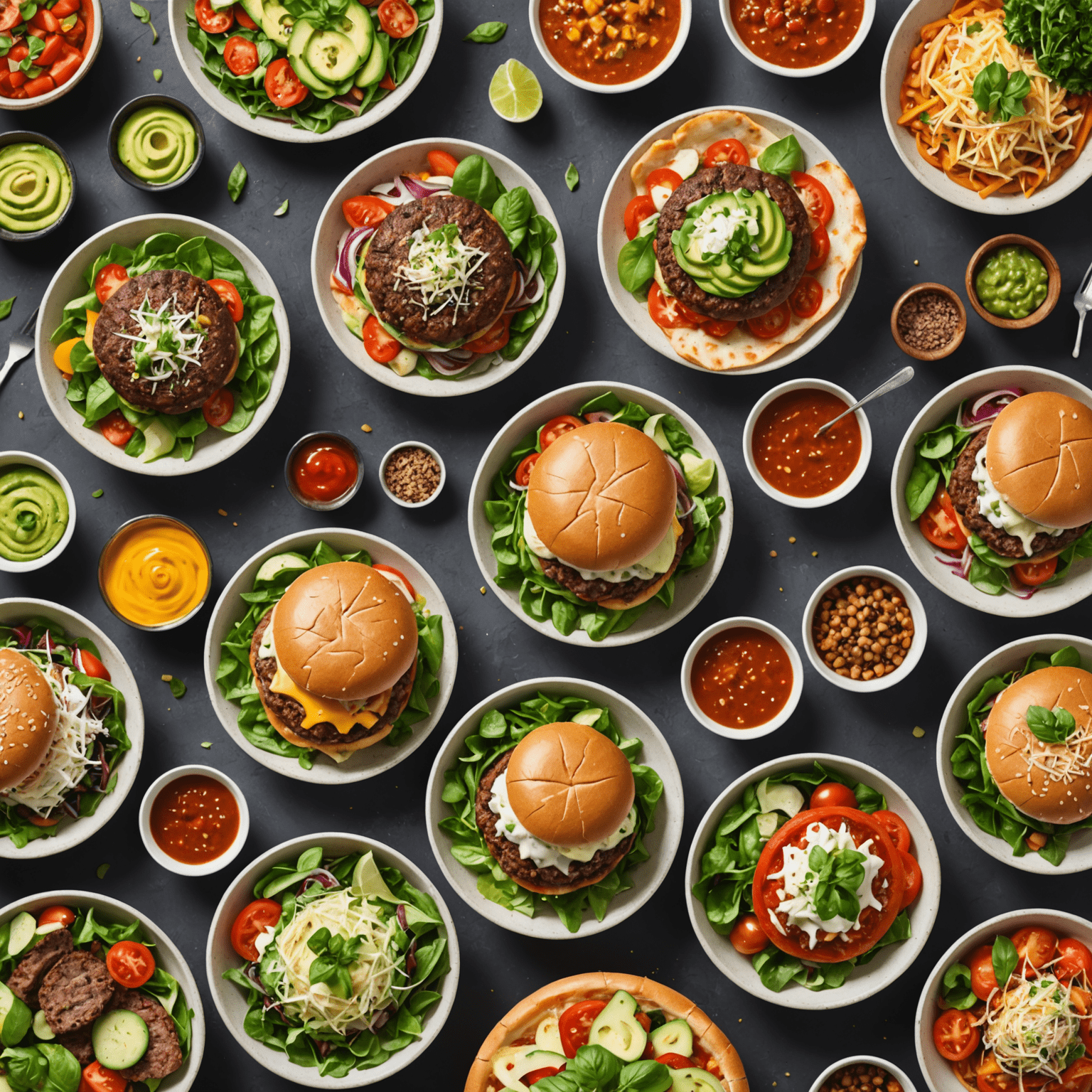 Collage of trendy food items: plant-based burgers, colorful poke bowls, and artisanal pizza being prepared for delivery