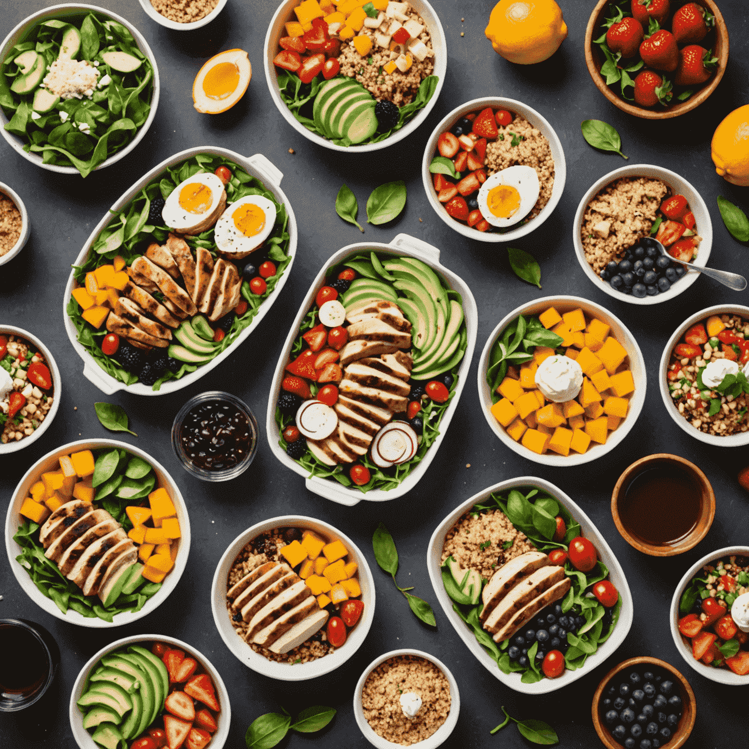 A colorful spread of healthy delivered meals including a salad, grilled chicken, quinoa bowl, and fresh fruits