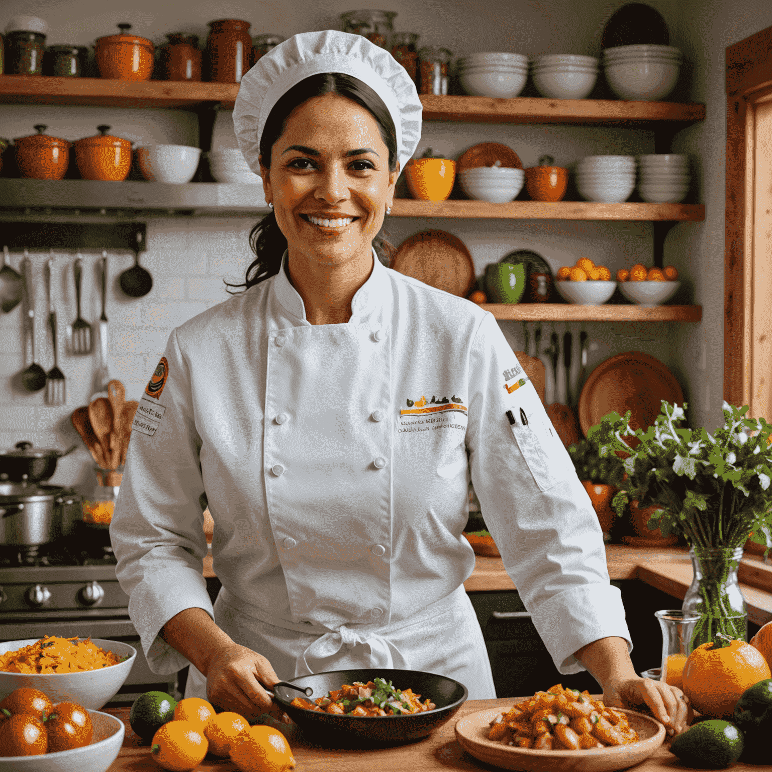 Chef Maria Rodriguez in her kitchen, preparing colorful Latin American dishes with fresh ingredients. She's wearing a white chef's coat and has a warm, welcoming smile.