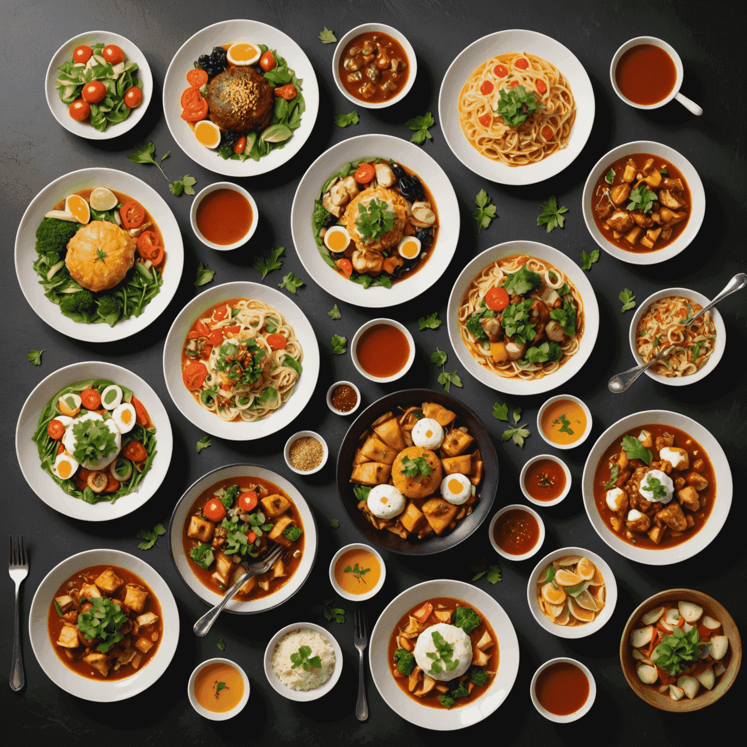 A variety of colorful and appetizing dishes displayed on a table, showcasing different cuisines available for delivery