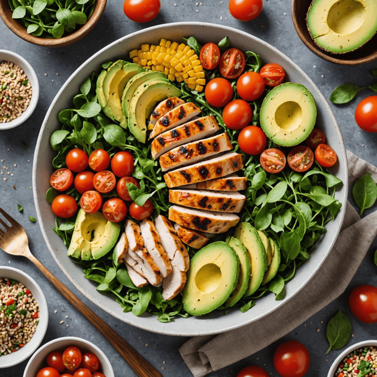 A colorful salad bowl with fresh greens, grilled chicken, avocado, cherry tomatoes, and a sprinkle of seeds