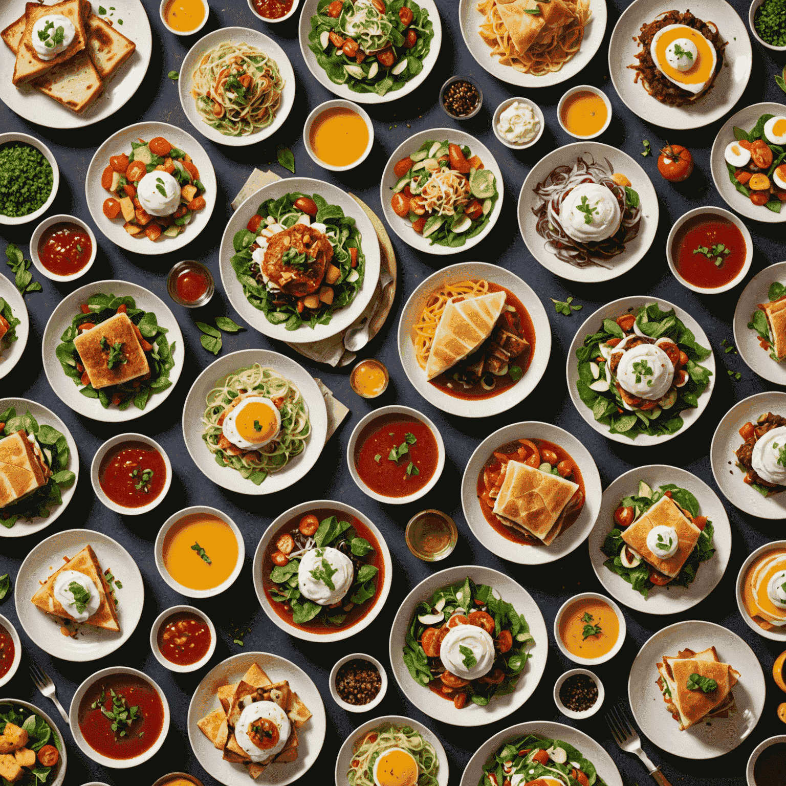 A diverse array of colorful dishes showcasing various cuisine types, from salads and sandwiches to hot meals and desserts