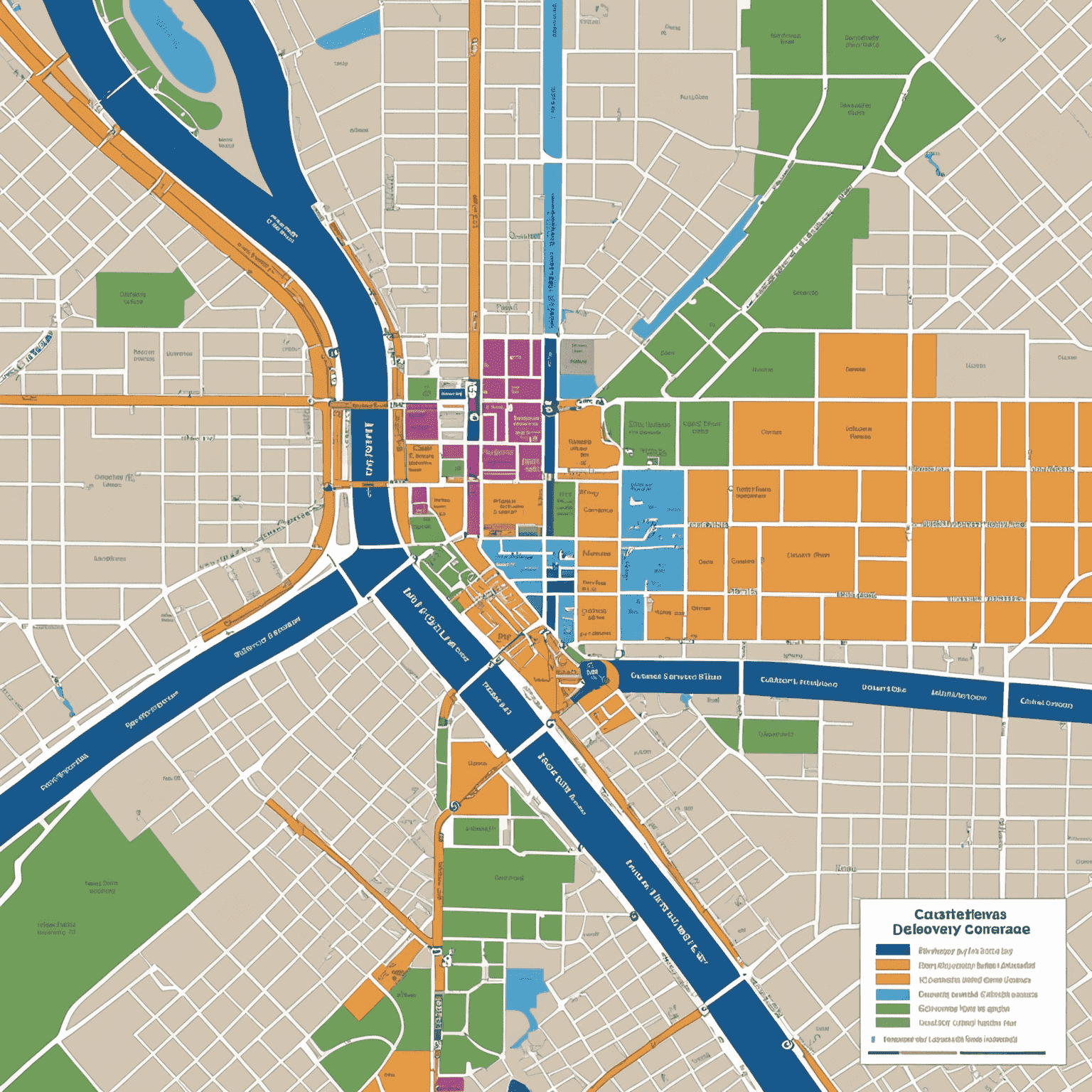 Map showing our extensive delivery coverage areas including downtown, suburbs, business district, and university campus. The map is color-coded to match the delivery time estimates for each zone.