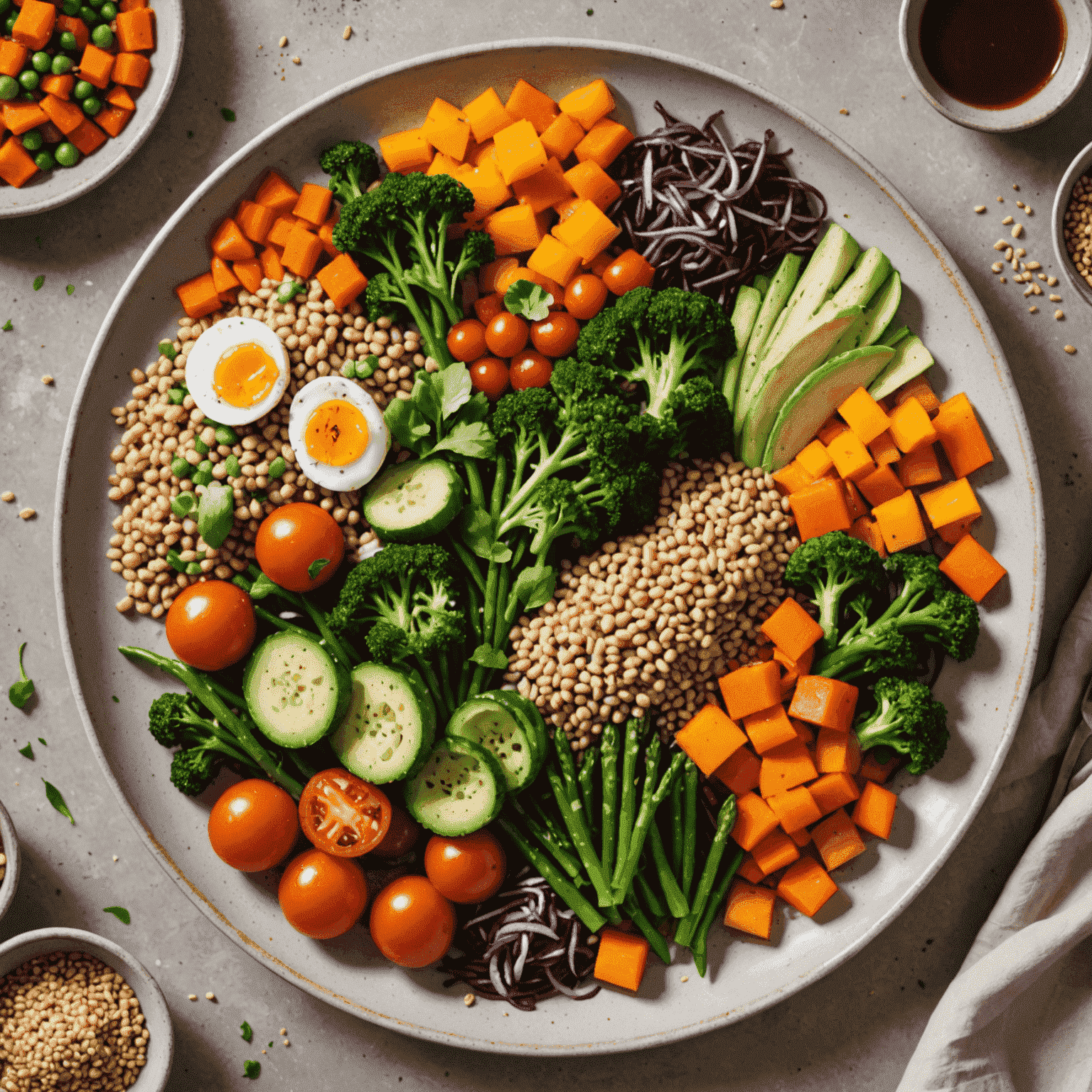 A vibrant vegetarian dish with a variety of colorful vegetables, grains, and plant-based proteins arranged beautifully on a plate