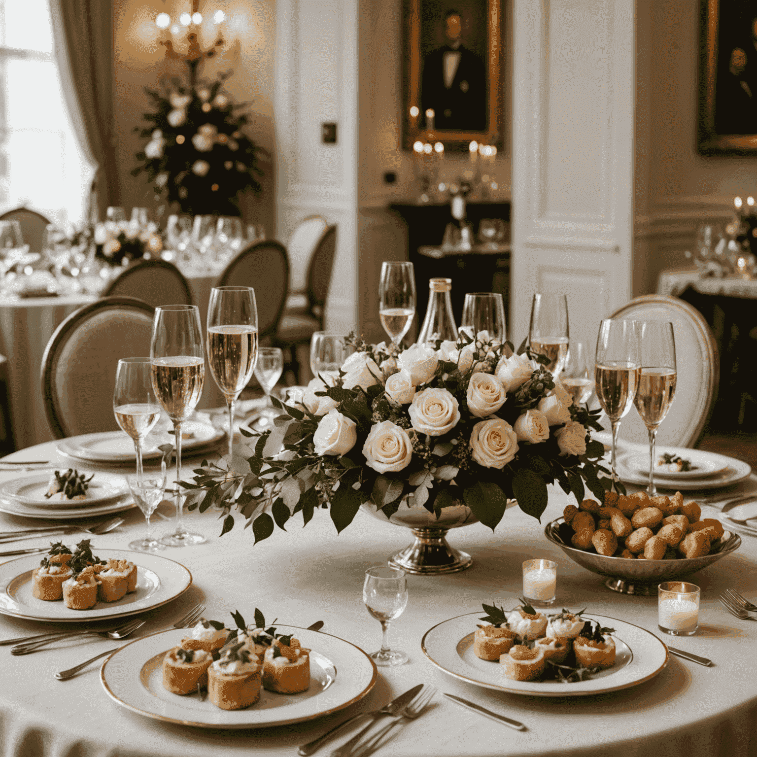 Elegant table setting with gourmet appetizers, champagne flutes, and floral centerpieces for a high-end catering event