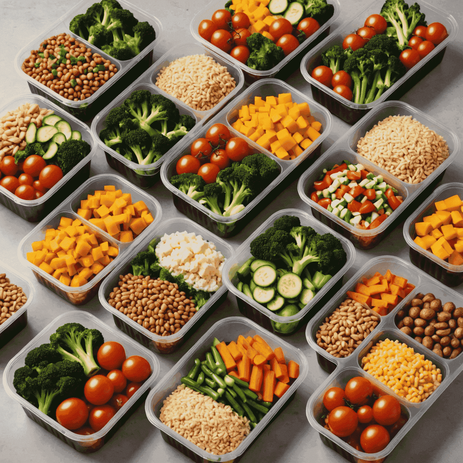 A collection of nutritious meals in delivery containers, featuring fresh vegetables, lean proteins, and whole grains