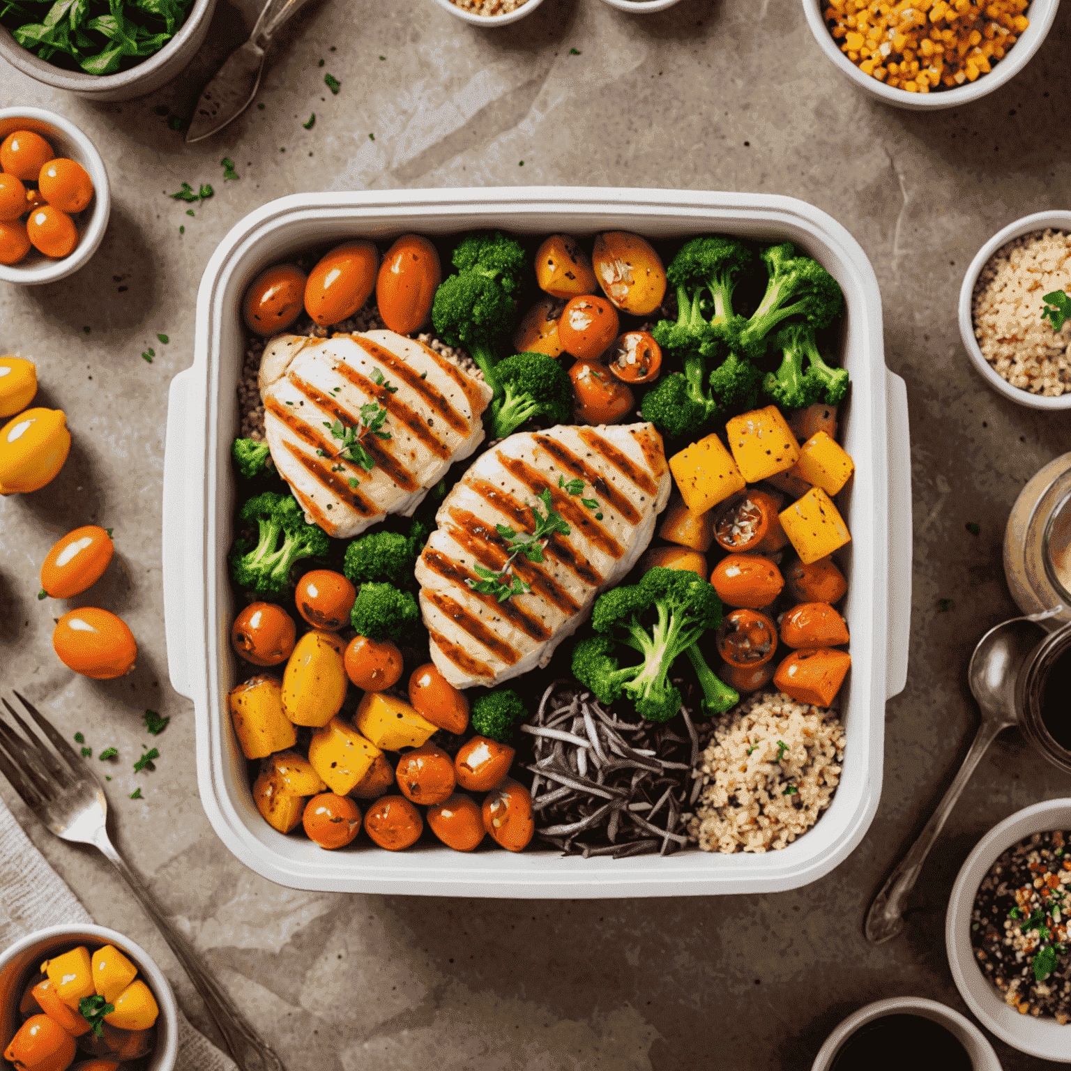 A balanced meal of grilled chicken, quinoa, and colorful roasted vegetables in a delivery container