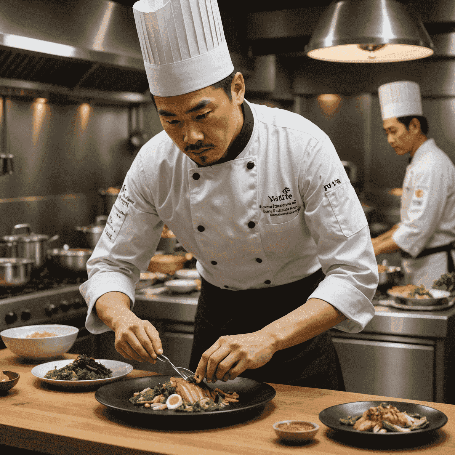 Chef Akira Tanaka plating an artistic fusion dish that combines Japanese and Western elements. He's focused and precise, working in a modern kitchen setting.