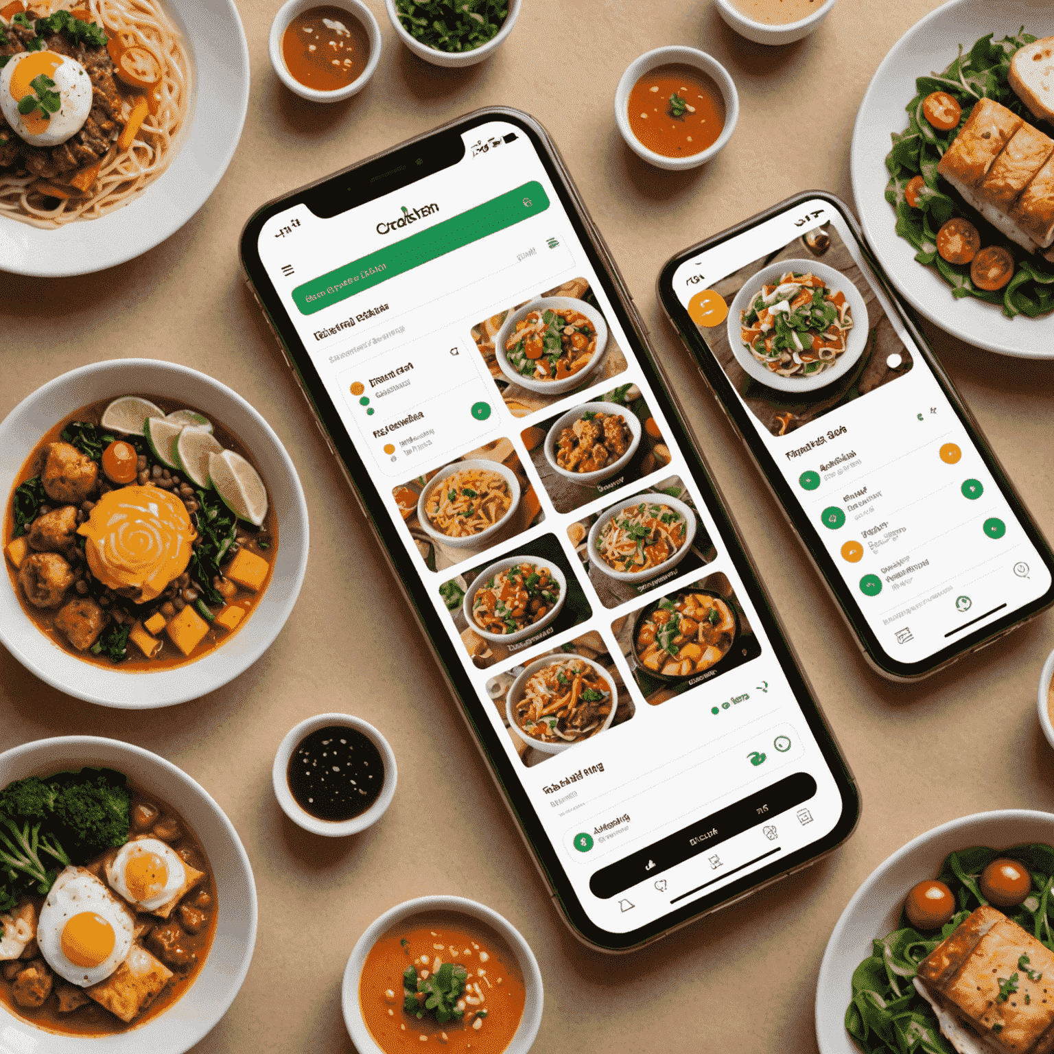 A smartphone displaying a food ordering app interface with various meal options and customization features