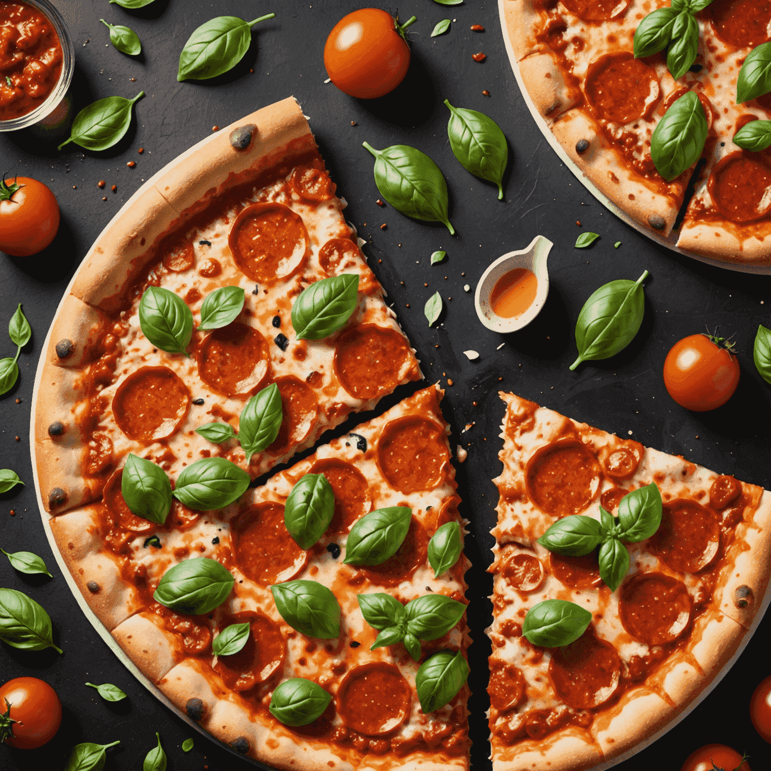 A steaming hot pizza with melted cheese, pepperoni, and fresh basil leaves