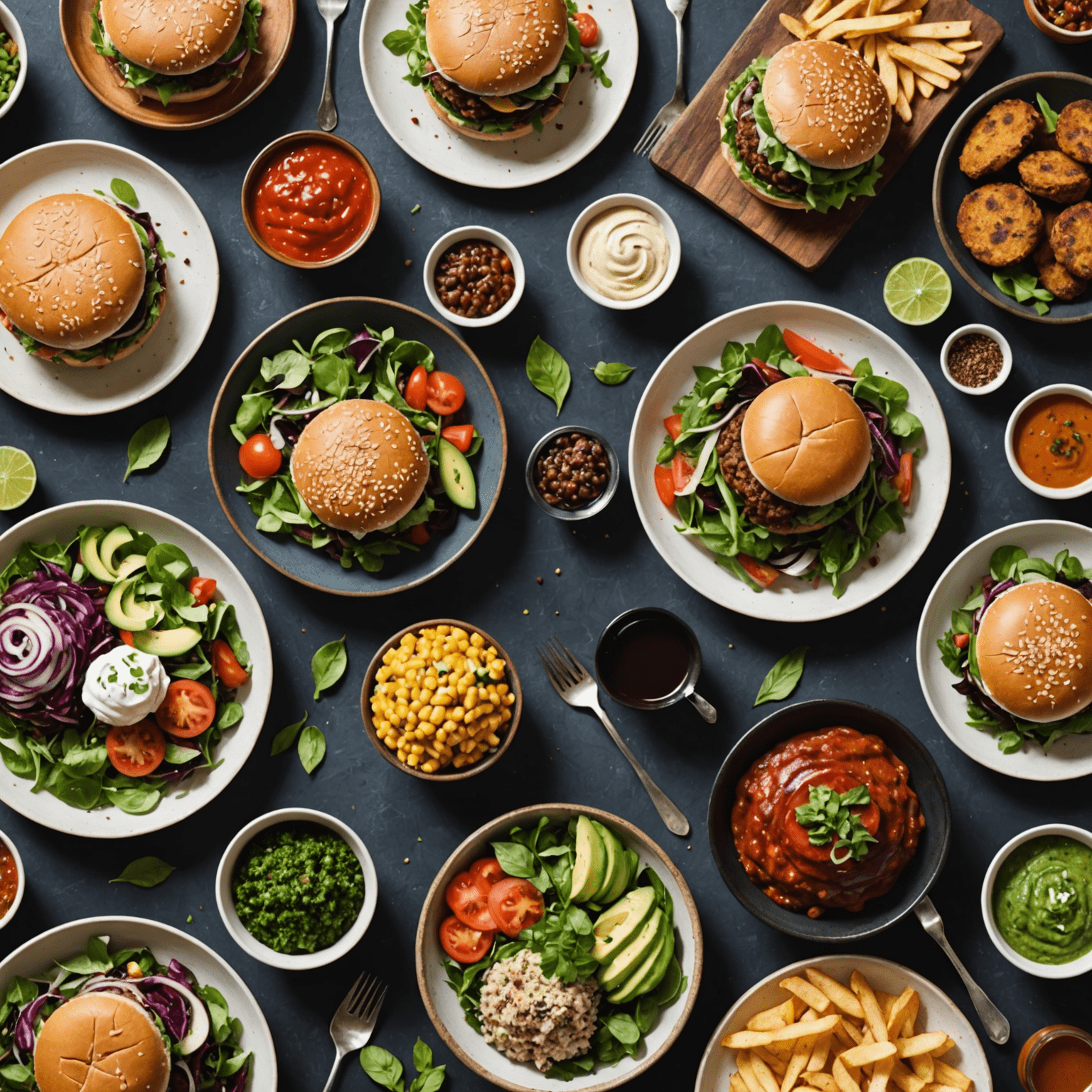 A diverse spread of vegan dishes including colorful salads, plant-based burgers, dairy-free desserts, and creative meat alternatives