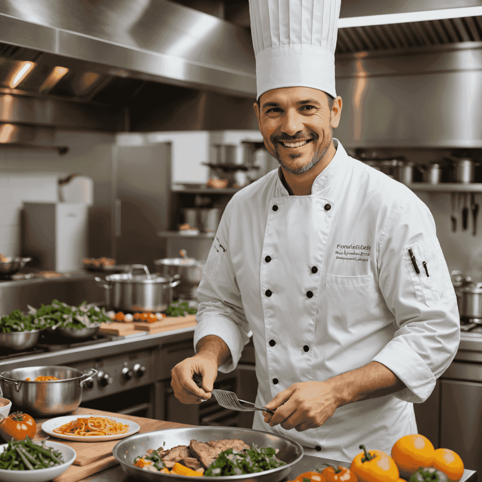 A smiling chef in a professional kitchen, preparing a gourmet meal for delivery
