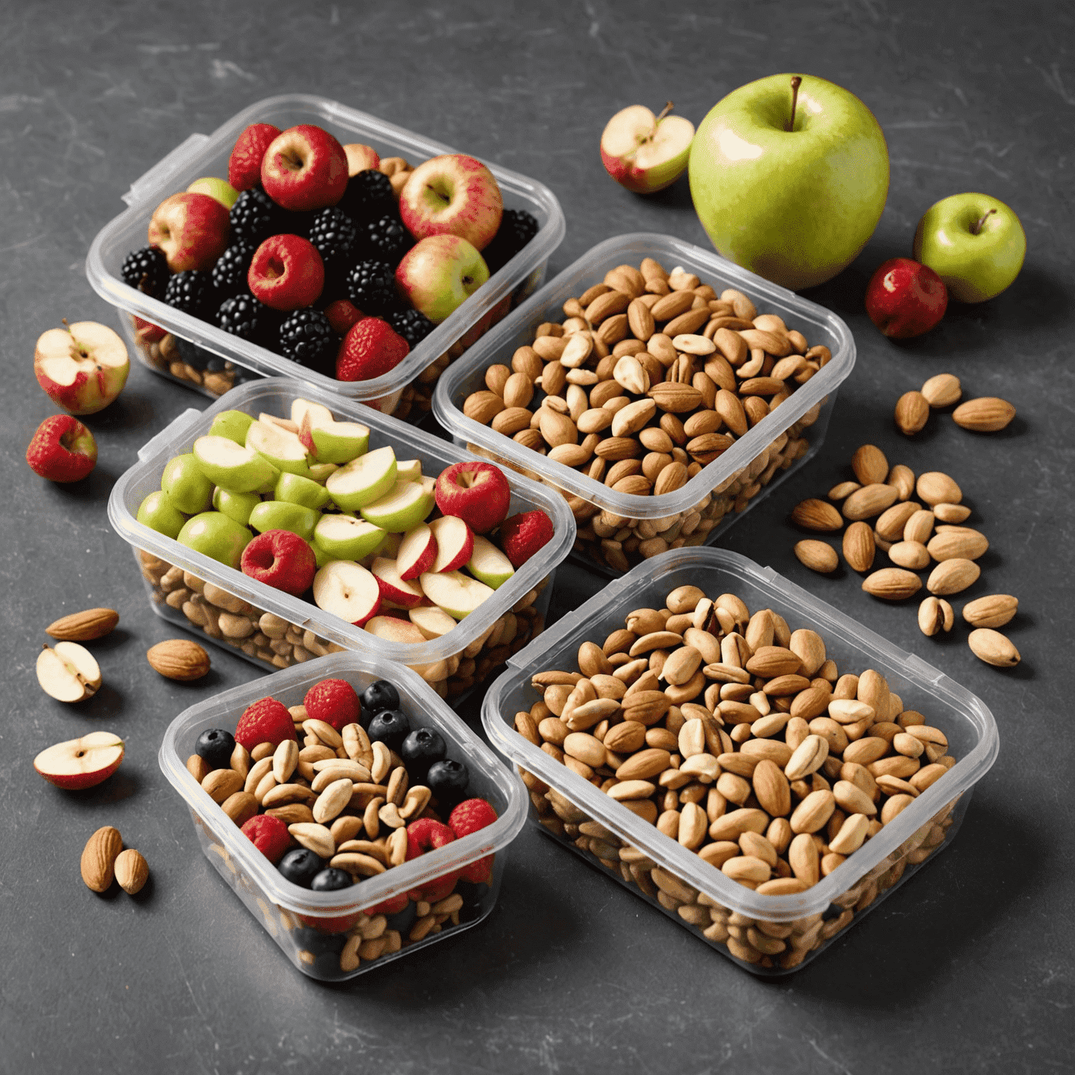 An assortment of healthy snacks including mixed nuts, fresh berries, and sliced apples in small delivery containers