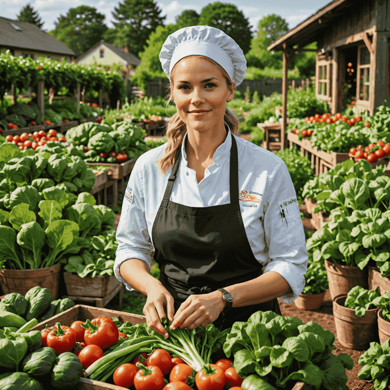 Chef Olivia Green in an organic garden, selecting fresh vegetables for her healthy meals. She's dressed casually and looks energetic and health-conscious.