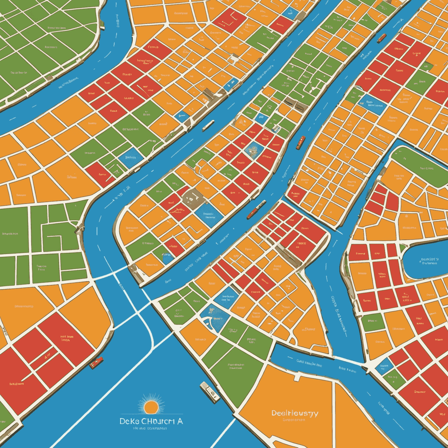 A map showing various neighborhoods and delivery zones highlighted in different colors