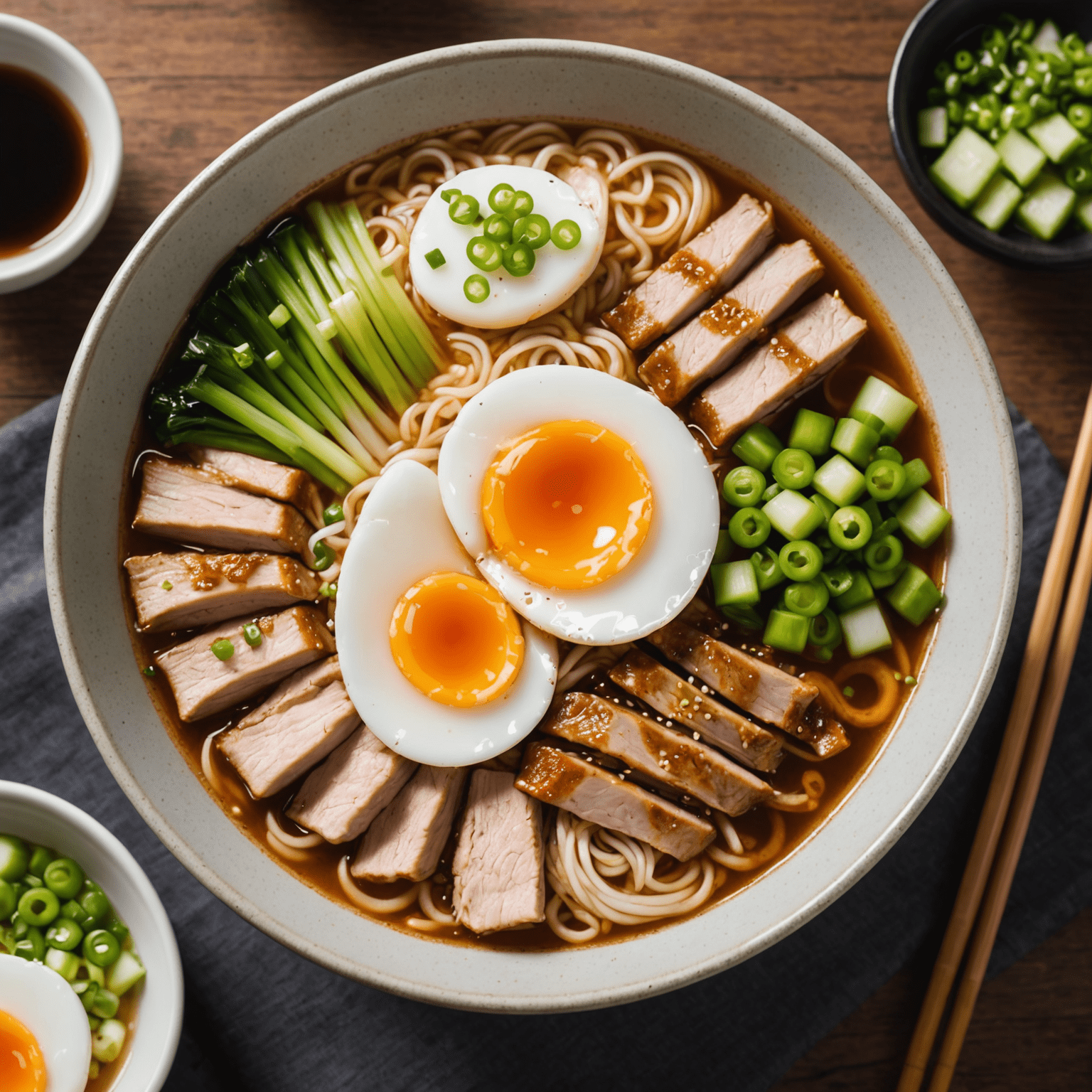 A bowl of steaming hot ramen with sliced pork, soft-boiled egg, and green onions