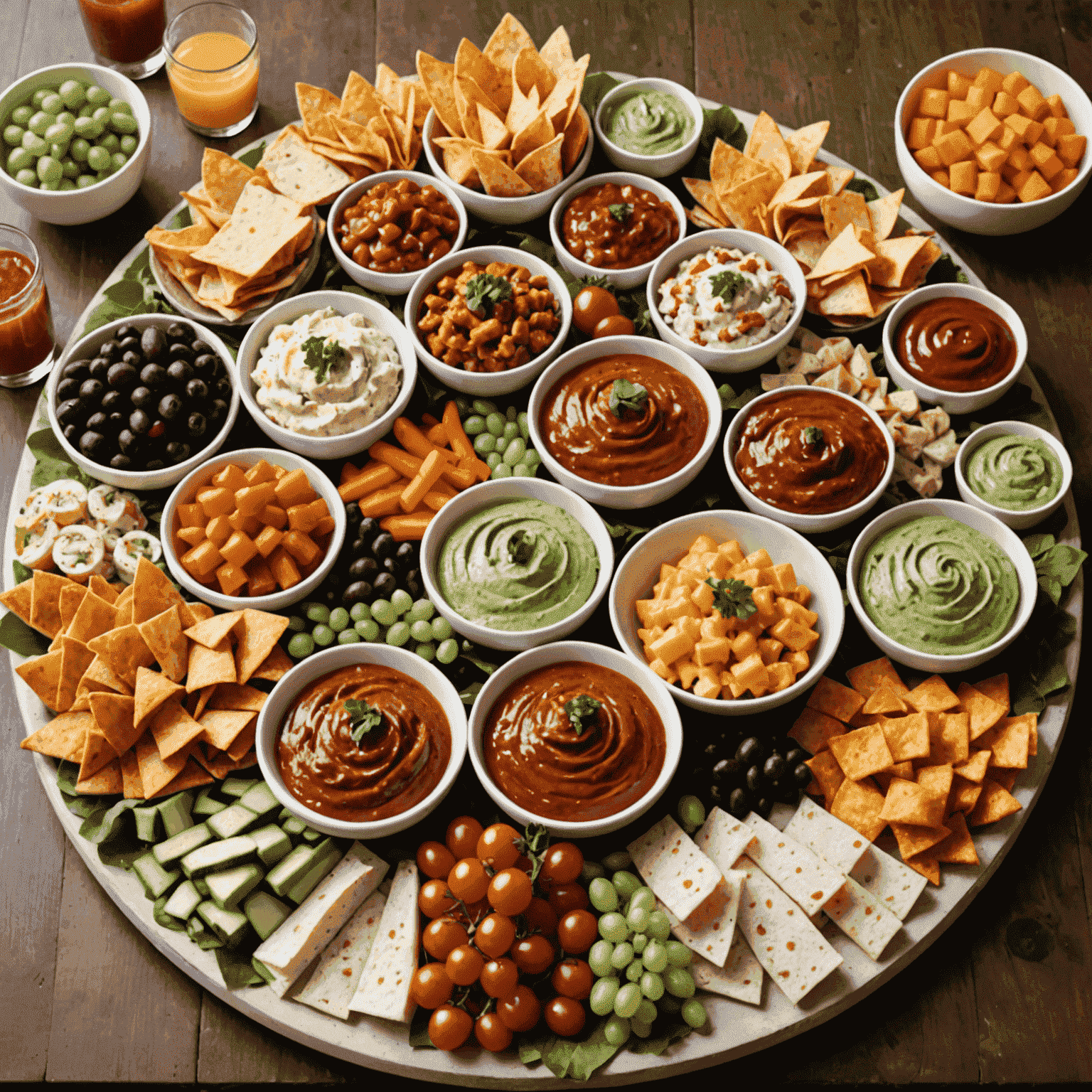 Colorful array of party platters with various finger foods, dips, and hors d'oeuvres perfect for social gatherings