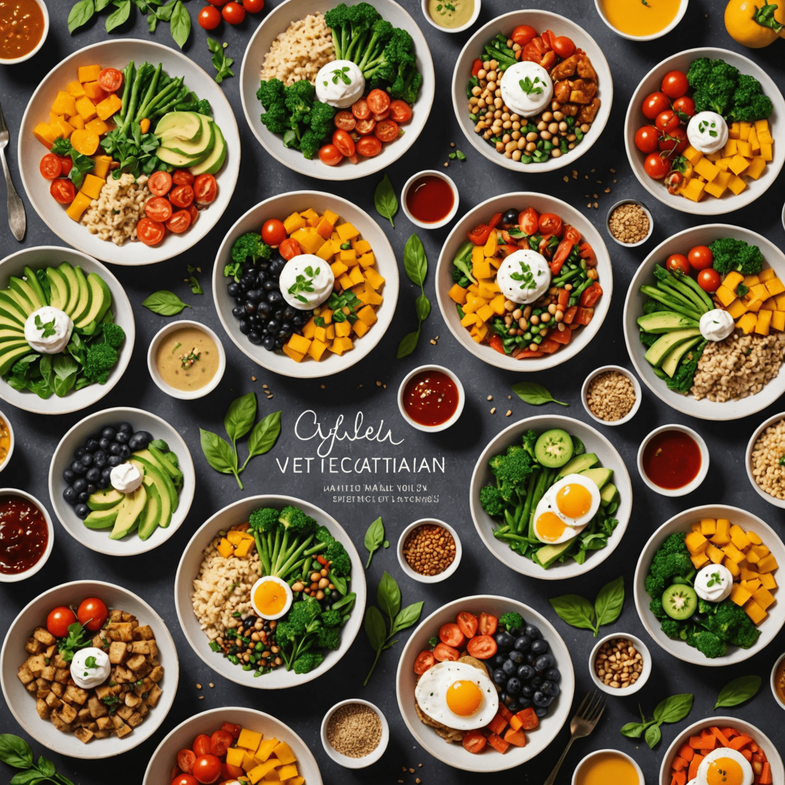 A collection of colorful, healthy meals labeled for various dietary requirements such as vegetarian, vegan, and gluten-free