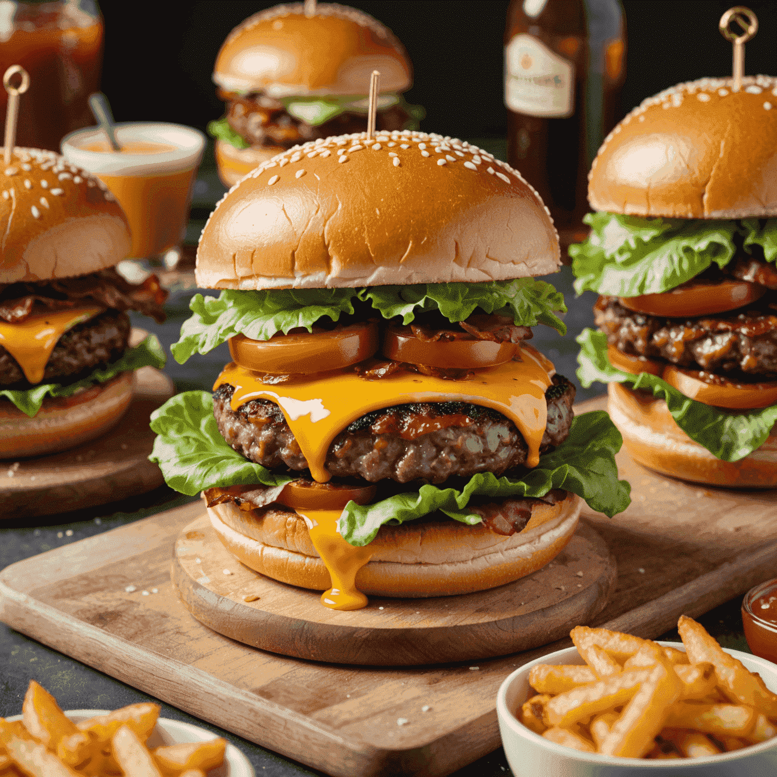 A juicy burger with melted cheese, crispy bacon, lettuce, and tomato on a brioche bun