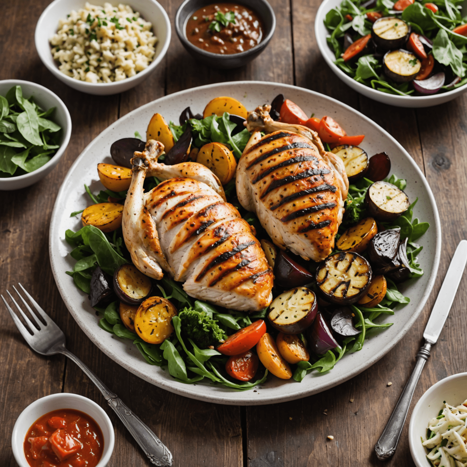 A appetizing low-carb meal with grilled chicken, roasted vegetables, and a side salad, showcasing a balanced and healthy approach to eating