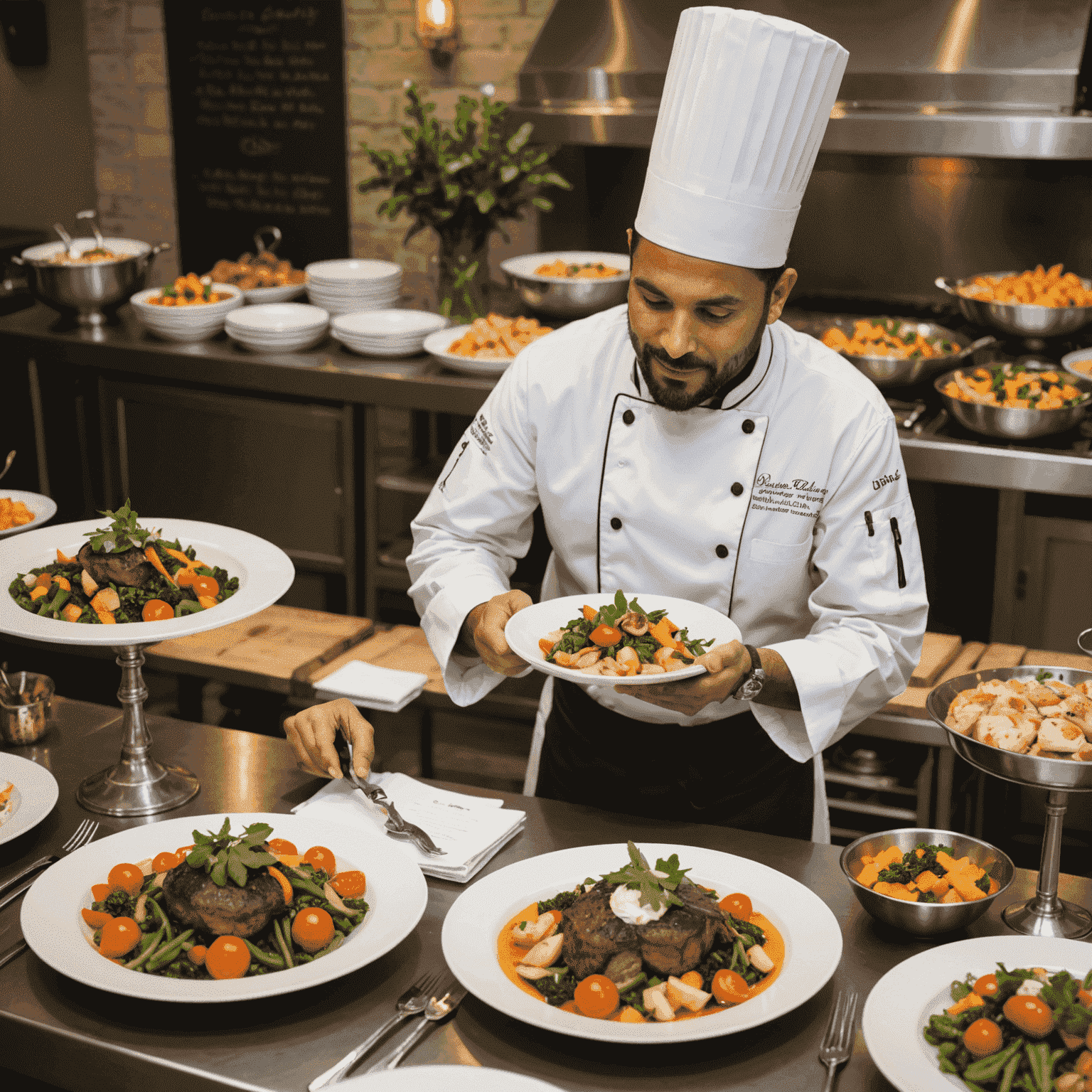Chef presenting a custom-designed menu with unique dishes and personalized touches for a special catering event