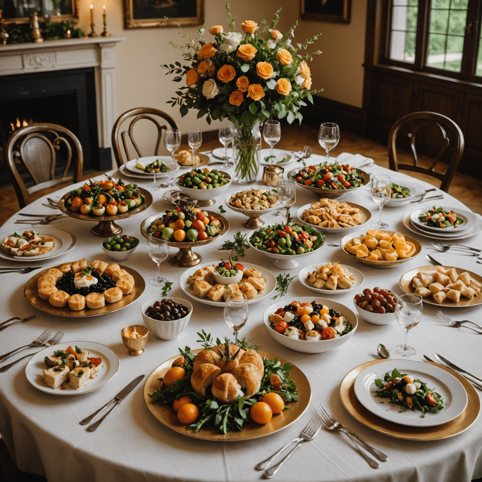 An elegantly set table with a variety of catered dishes, appetizers, and decorations for a special event