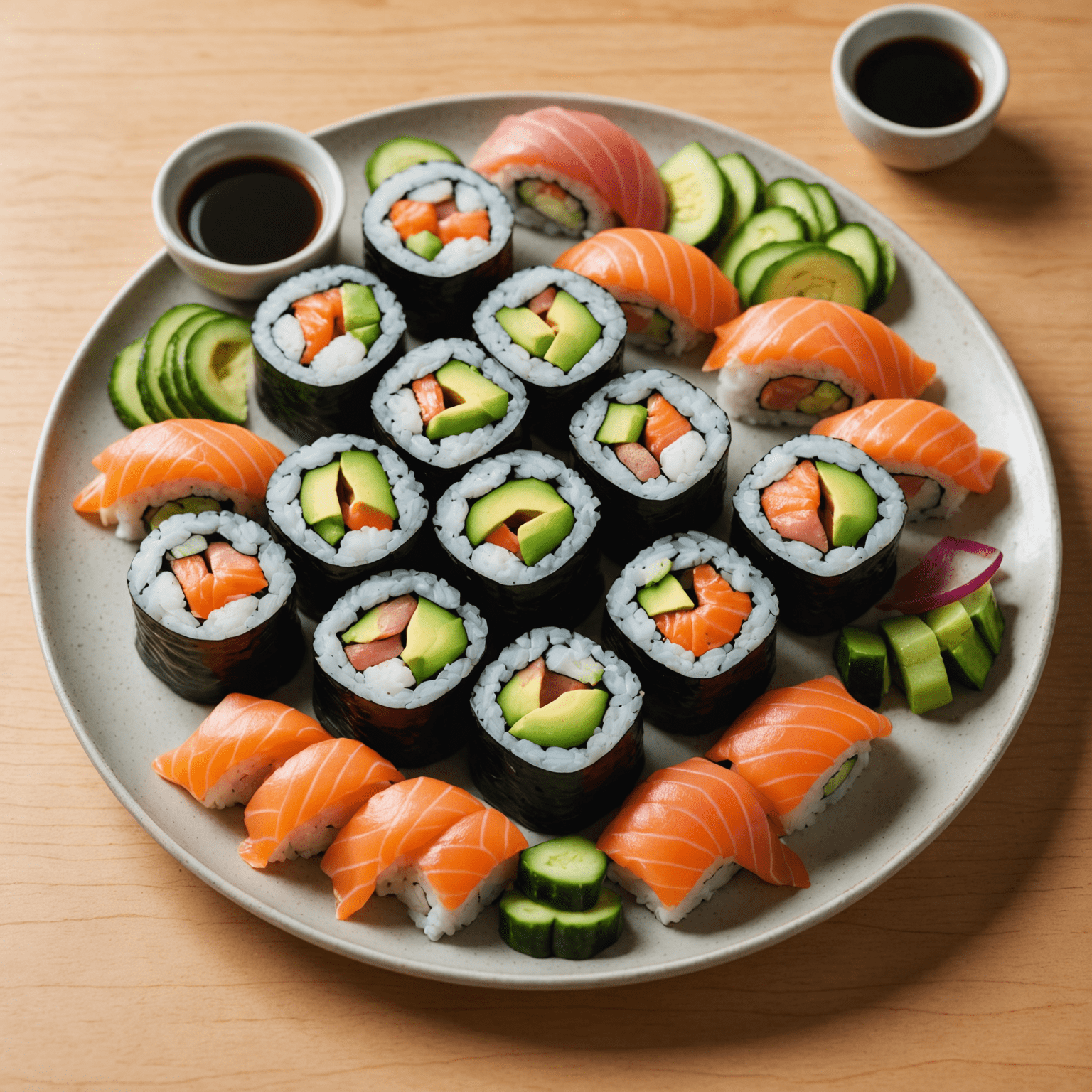 A colorful plate of sushi rolls with salmon, tuna, avocado, and cucumber