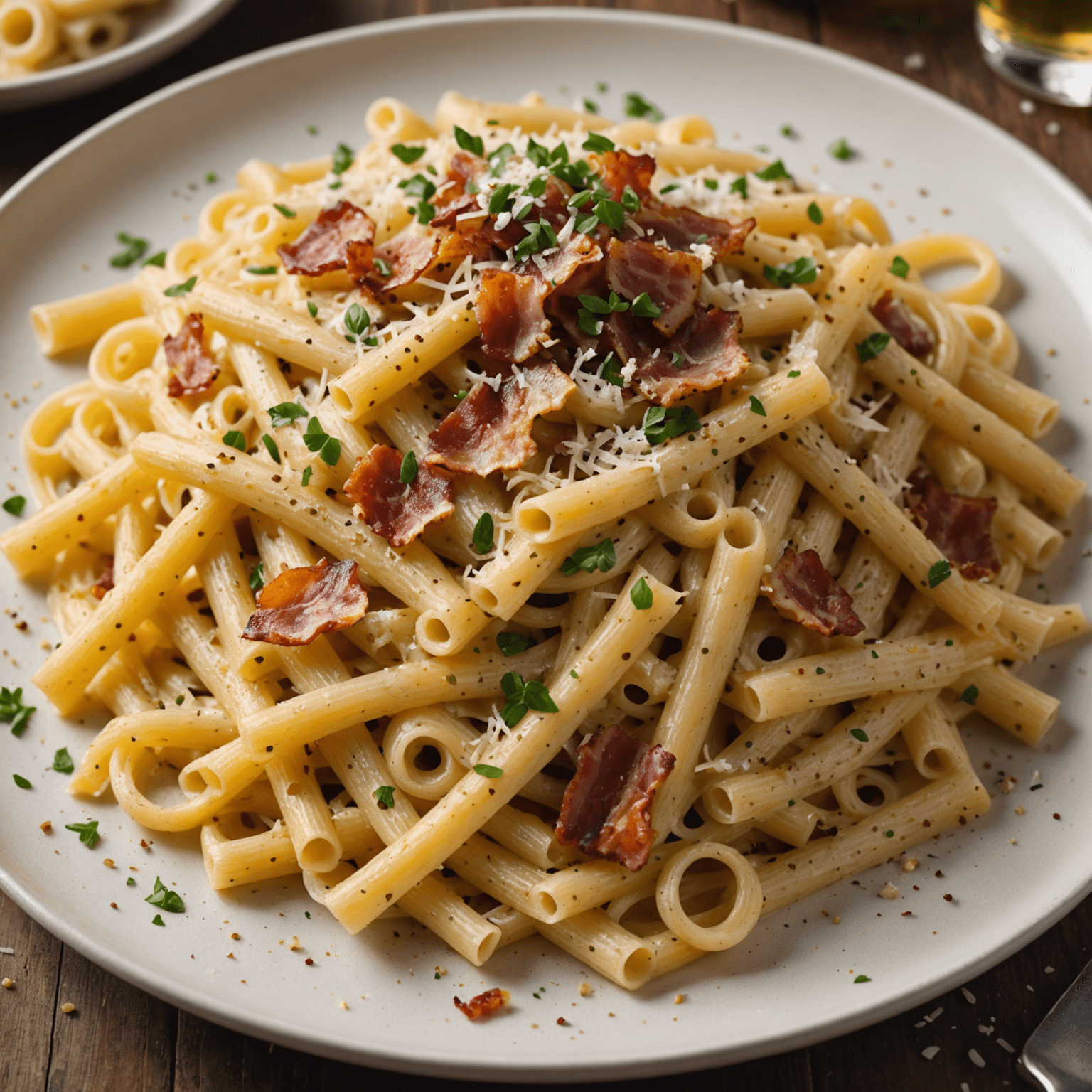 A steaming plate of pasta carbonara with crispy bacon bits and grated parmesan